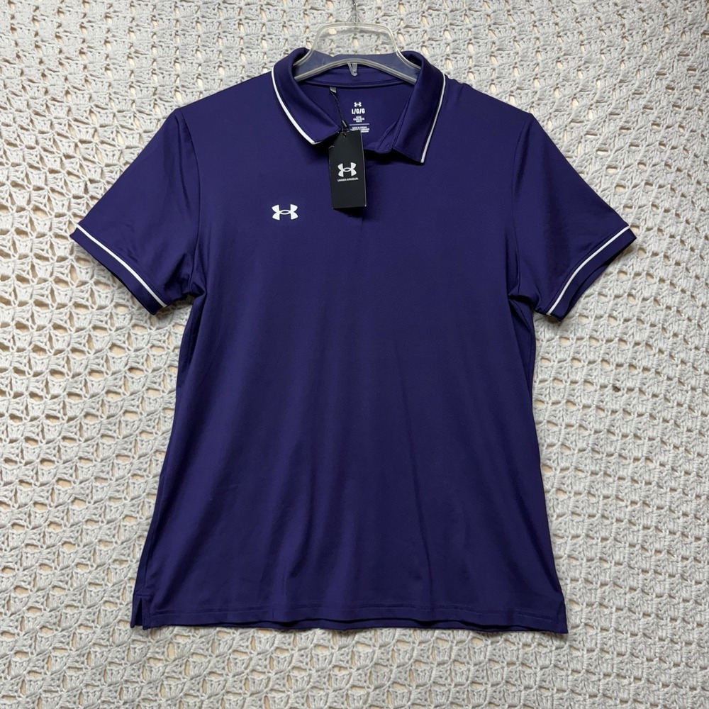 Under Armour UA Team Tipped Polo Shirt Women Sz L Purple White NWT 1376904-